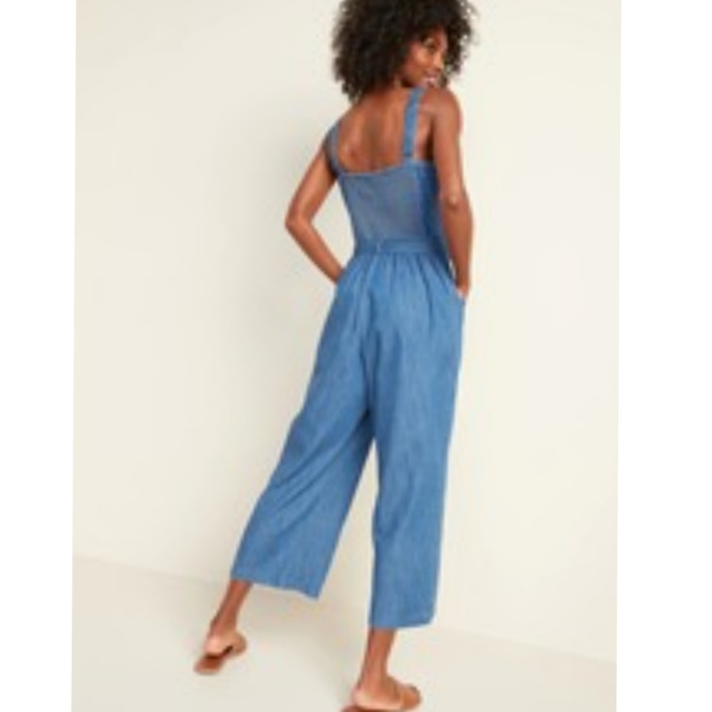 Sleeveless Tie-Belt Utility Jean Jumpsuit NWOT